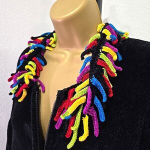 Chenille Full Zip Cardigan Sweater Womens Sz 1X Black Rainbow Fringe Cozy Comfy